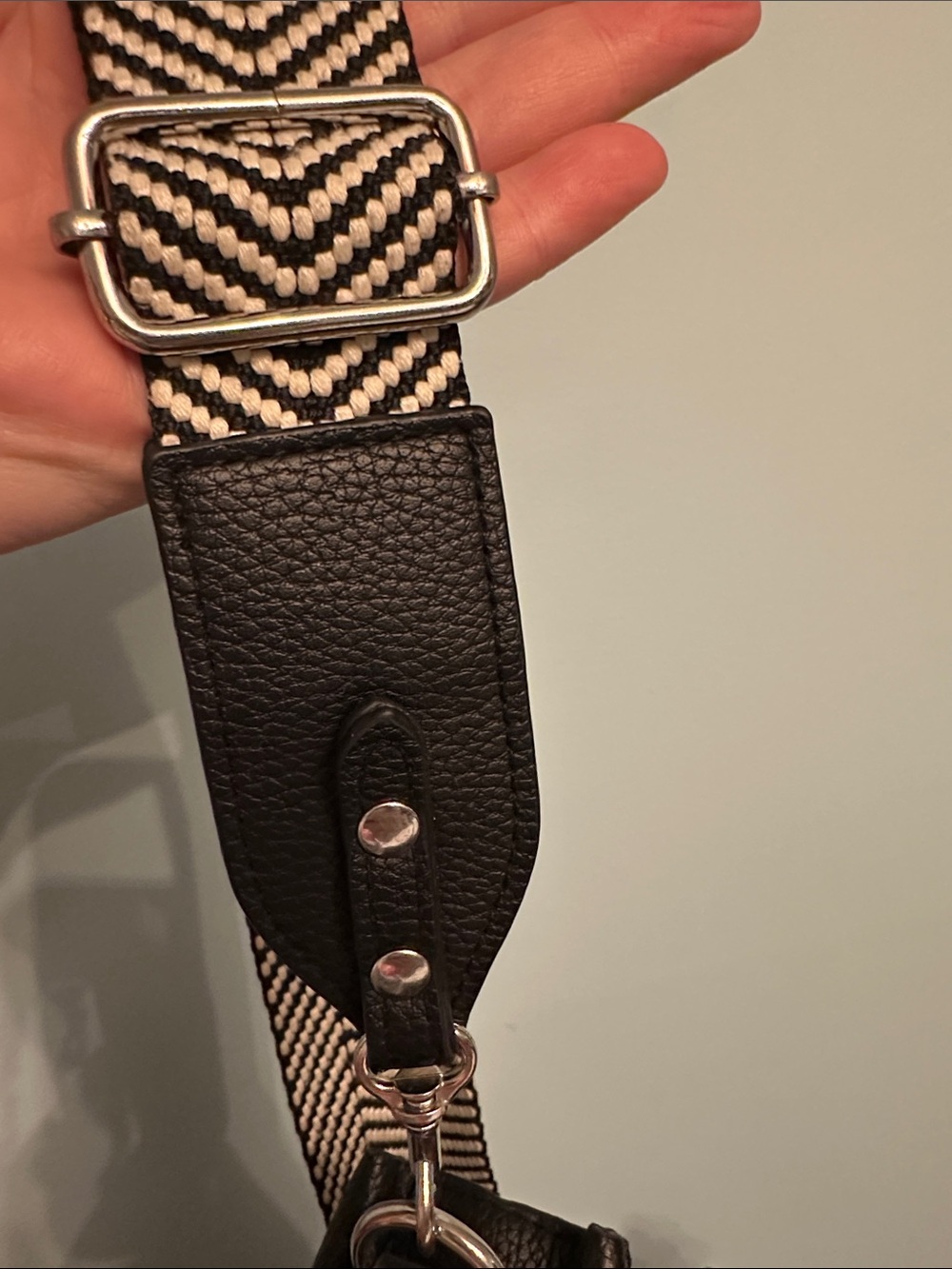 Black Pebbled Leather Crossbody Bag with Patterned Strap - Picture 3 of 8